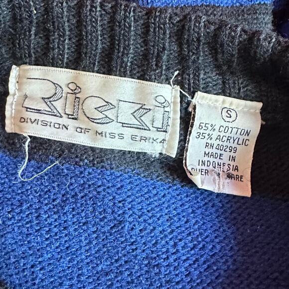 Vintage Sweater Womens Size Small Blue Black Striped Batwing Retro 80s Twee Indy - Picture 7 of 8